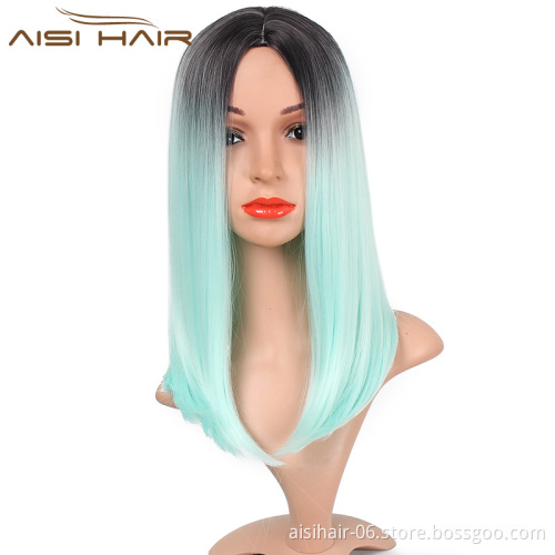 Aisi Hair Wholesale Middle Length Silky Straight Ombre Blue Bob Wig Cosplay Afro Synthetic Bob Wigs For Black Women